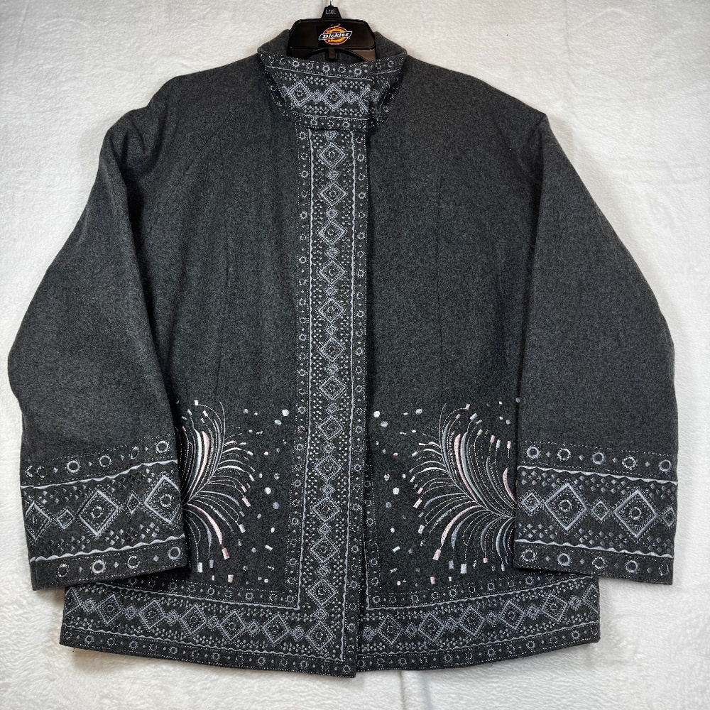 Nygard Collection Wool Jacket Womens Size 14 Grey Embroidered grandmacore